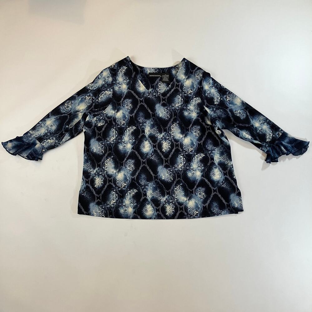 Impressions Women's 2X Blue Floral Geometric Long Sleeve Ruffle Cuff Blouse